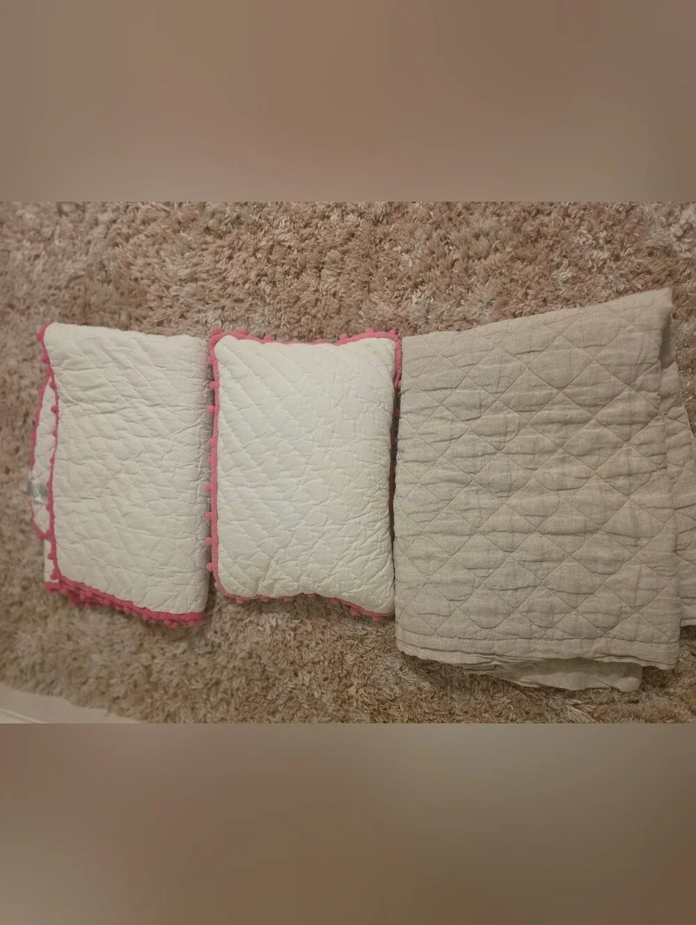 Pottery Barn Kids White Quilted Throw and Pillow Set with Pink Pom Trim